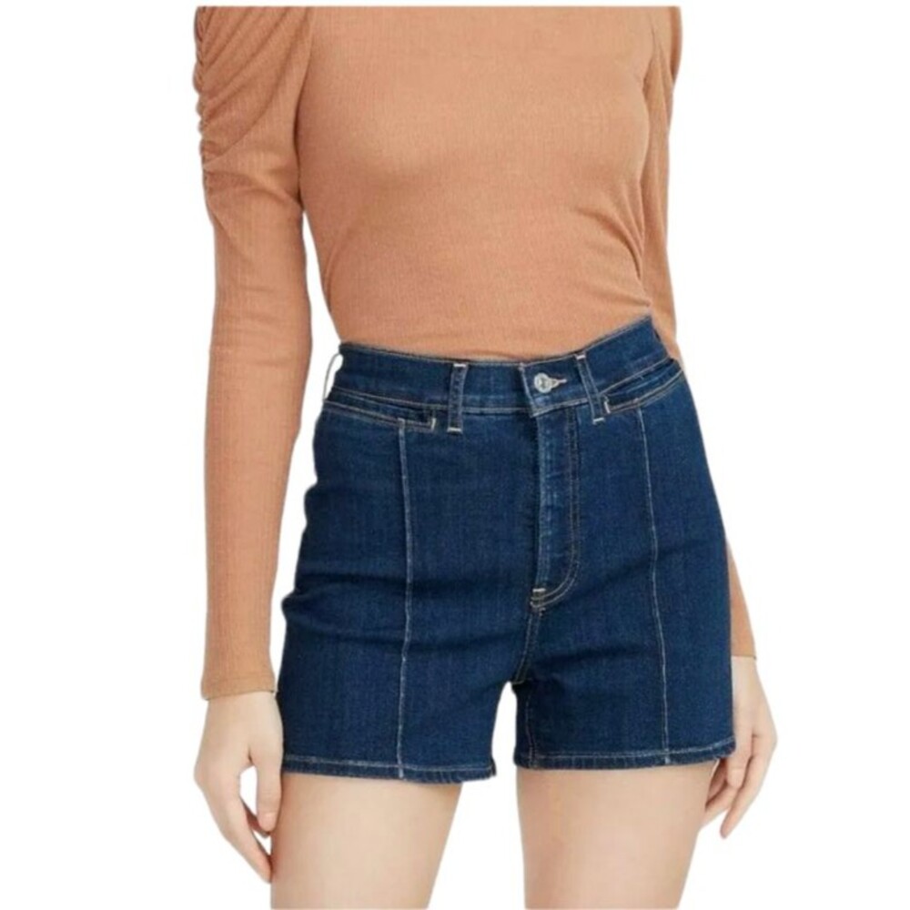 EXPRESS Midi Super High Rise Pin-up Stretch Denim Jean Shorts Size 4 Dark Wash